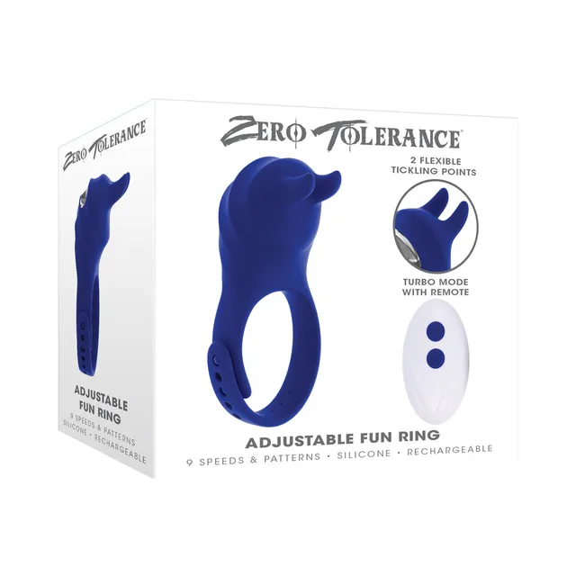 Zero Tolerance blue adjustable vibrating ring with white remote beside retail box