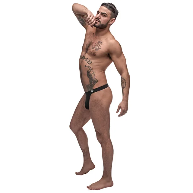 Adult male model wearing black Male Power Bong Thong