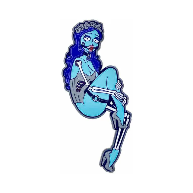 blue Dead Bride soft-enamel pin with veil and skeletal leg detail