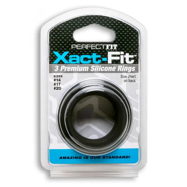 Perfect Fit Xact-Fit Rings 14 17 20 three nested black rings in clear-front package