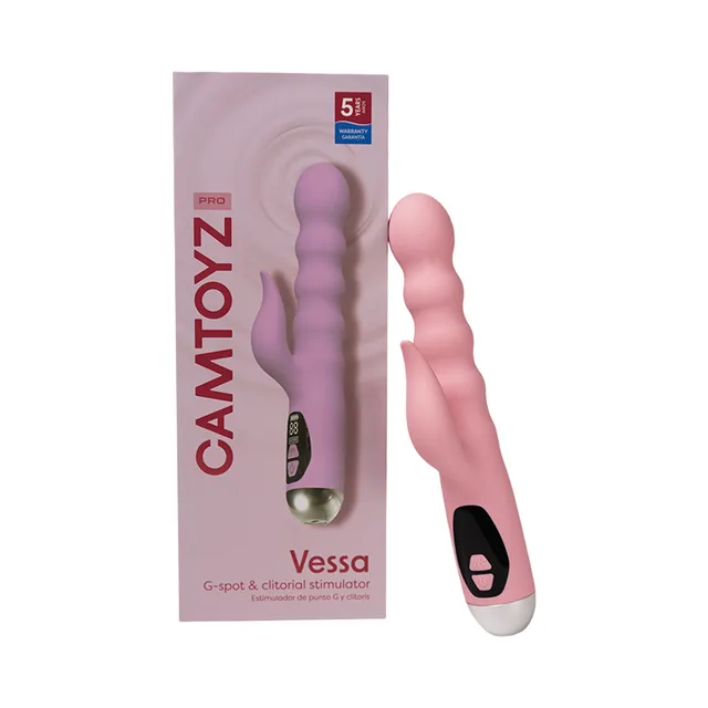Camtoyz Vessa pink dual G-spot and clitoral vibrator displayed beside the pink retail package