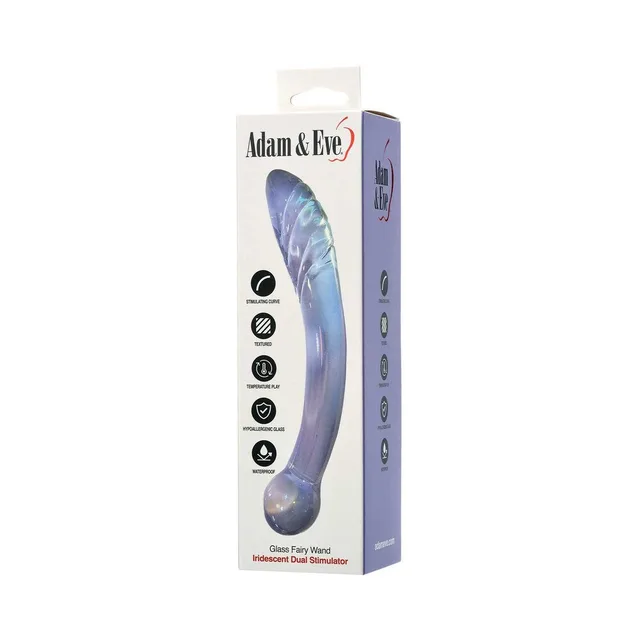Iridescent Adam and Eve Glass Fairy Wand displayed beside white box