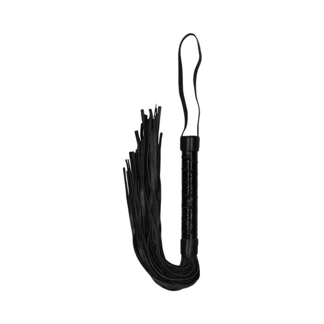 Black Ouch flogger with wrapped handle, loop and narrow falls