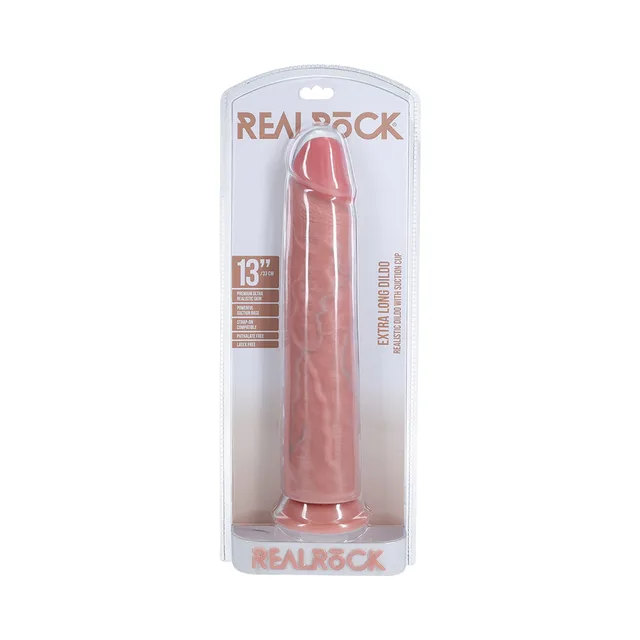 beige 13-inch RealRock Extra Long dildo in clear retail clamshell