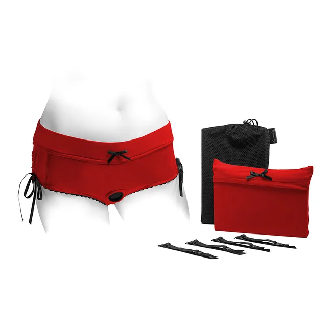 SpareParts Sasha red and black size XS harness short with storage pouches and removable straps