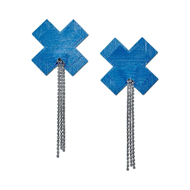 Pastease denim-blue plus and X pasties with long silver rhinestone tassels