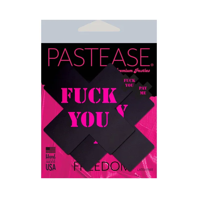 Pastease black Fuck You Pay Me cross pasties package