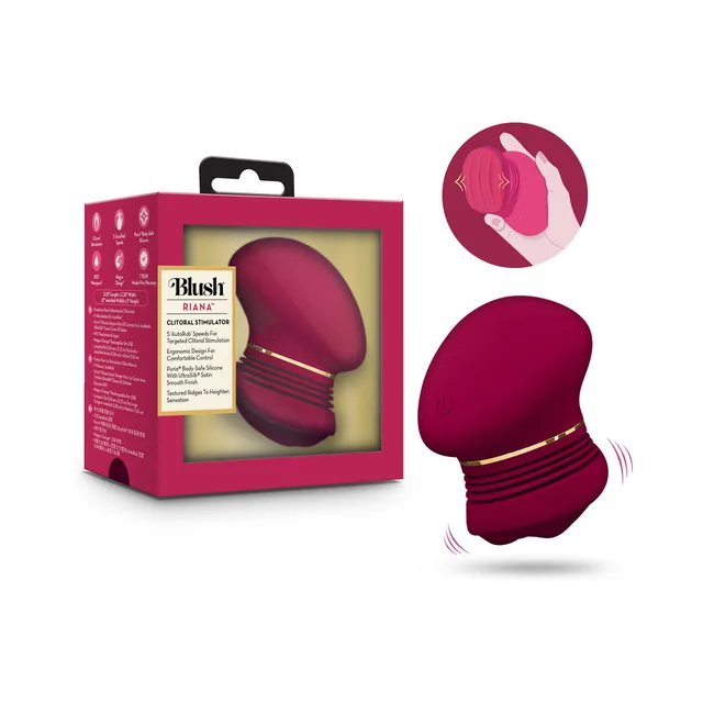 Blush Riana Mulberry Wine rechargeable vibrator retail box beside the wine-colored curved vibrator
