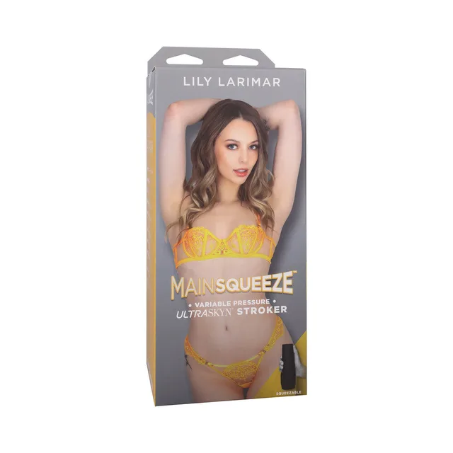 Lily Larimar Main Squeeze ULTRASKYN stroker retail box with yellow accents