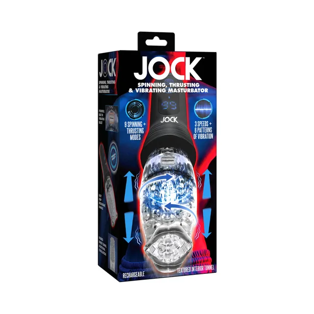 Curve Novelties JOCK spinning thrusting and vibrating masturbator in black carton with clear textured sleeve