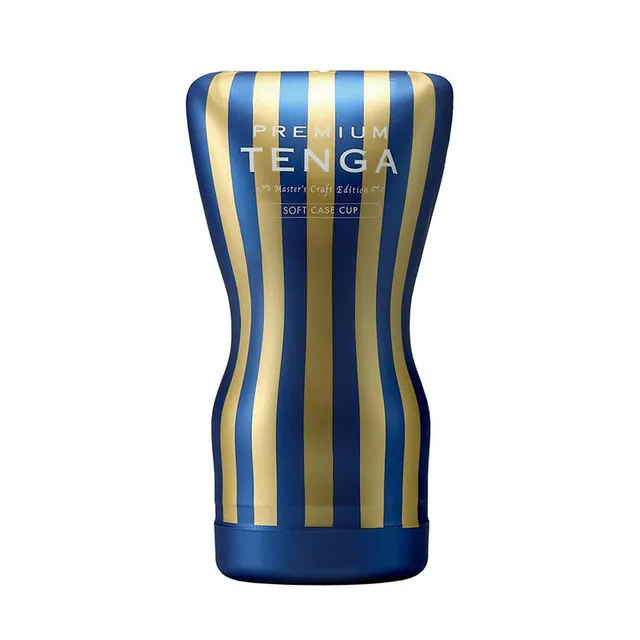 Tenga Premium Soft Case Cup with vertical blue and gold stripes