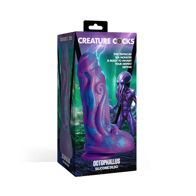 Creature Cocks Octophallus purple-blue dildo with layered octopus-arm ridges beside retail box
