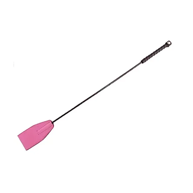 Pink leather paddle riding crop with long black shaft and wrist loop