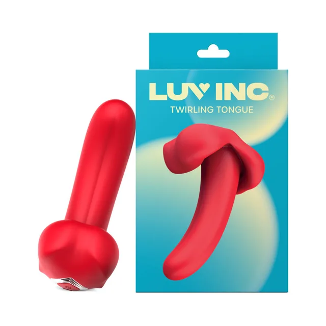 Red Luv Inc TT61 curved twirling tongue vibrator beside turquoise retail box