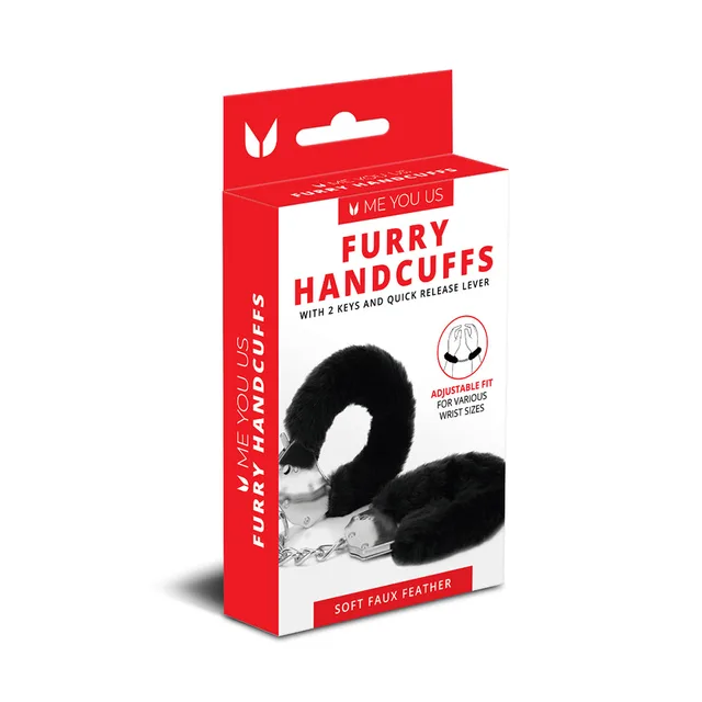 Black feather-covered Me You Us handcuffs in package