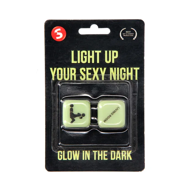 Two green S-Line glow dice in black blister package