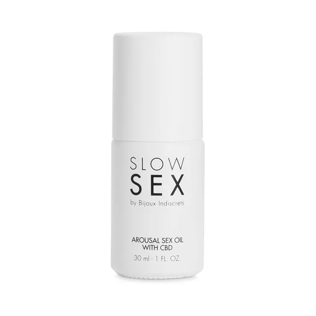Slow Sex Arousal Oil with CBD 1 oz front view of white cylindrical bottle