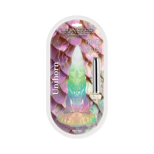 Monster Romance Unihorn pastel rainbow dildo and silver bullet in clear package