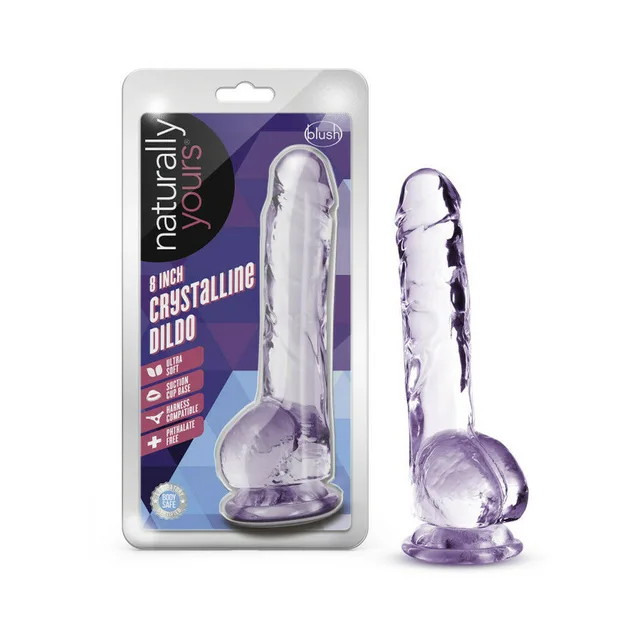 Naturally Yours Crystalline amethyst dildo beside retail package