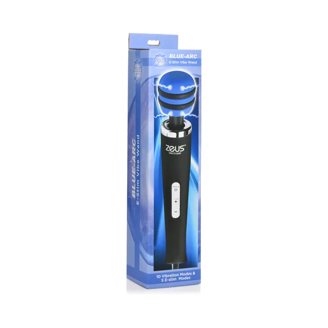 Zeus Blue-Arc black wand with striped round head displayed on blue box