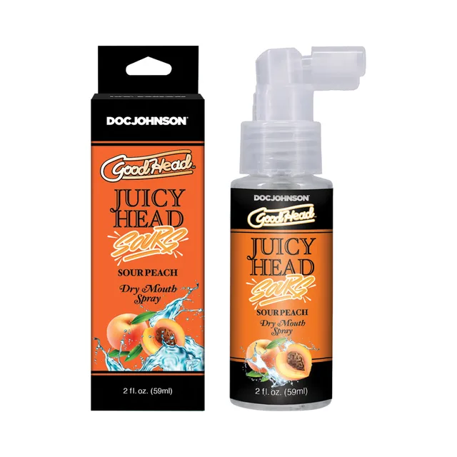 GoodHead Juicy Head Sour Peach 2 oz pump bottle beside orange box