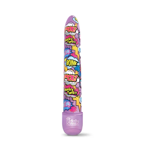 Front view of purple Pop Tease vibrator with comic-word print