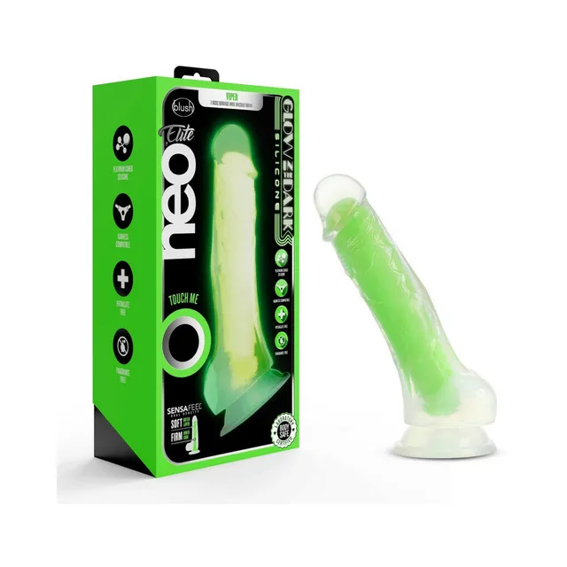 Green Blush Neo Elite Viper dildo standing beside retail box