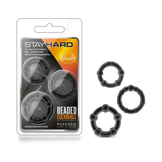 Three black Blush Stay Hard beaded rings in clear retail package