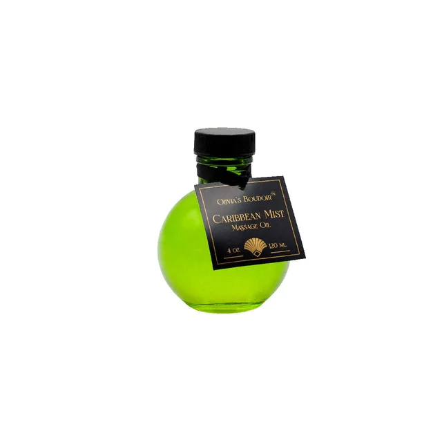 round green 4 oz bottle of Olivia's Boudoir Caribbean Mist massage oil