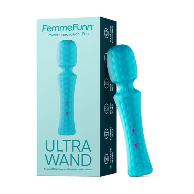 FemmeFunn Ultra Wand turquoise vibrator beside aqua retail box