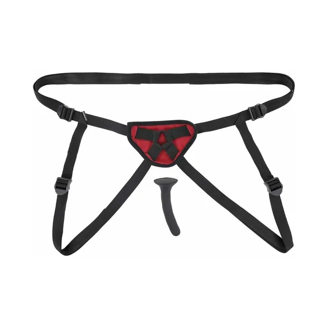 Black Saffron harness with red lace panel and dildo