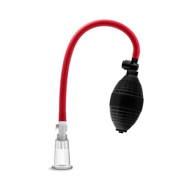 Black squeeze bulb connected to red hose and clear cylinder
