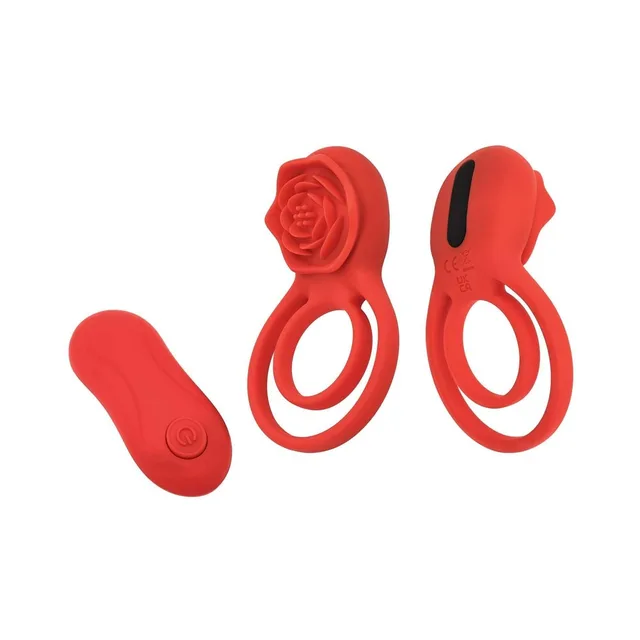Front and rear views of red rose cock ring beside oval controller