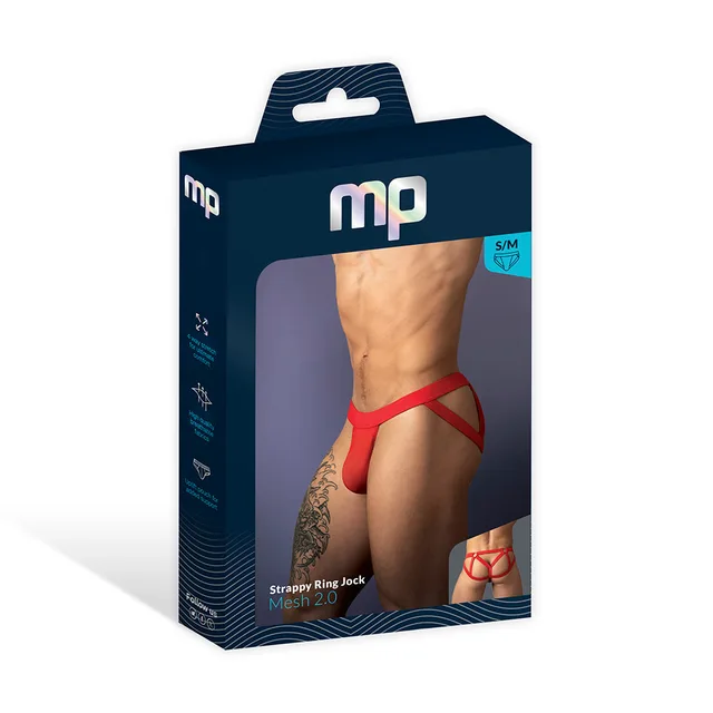 Male Power Mesh 2.0 Strappy Ring Jock in red size S/M displayed in a navy window retail box