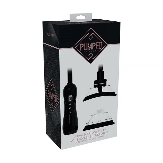 PUMPED black rechargeable pump with flanged attachment black and white retail box front view