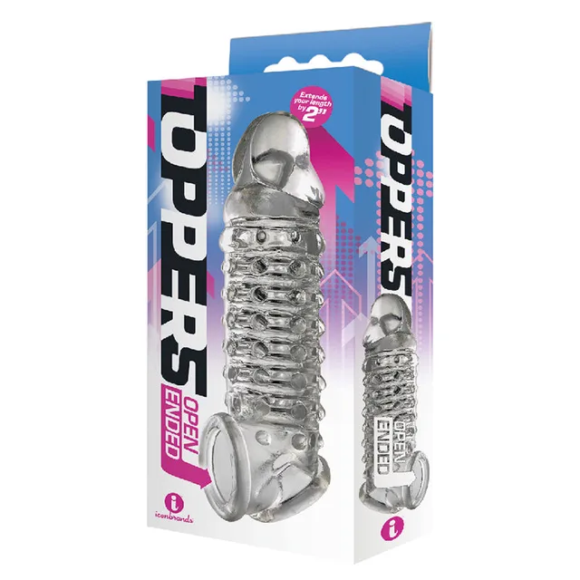 Clear Toppers open-ended extender with ribbed shaft beside retail box