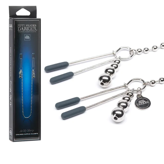 Fifty Shades Darker At My Mercy Clamps black retail carton beside two silver beaded chain clamps
