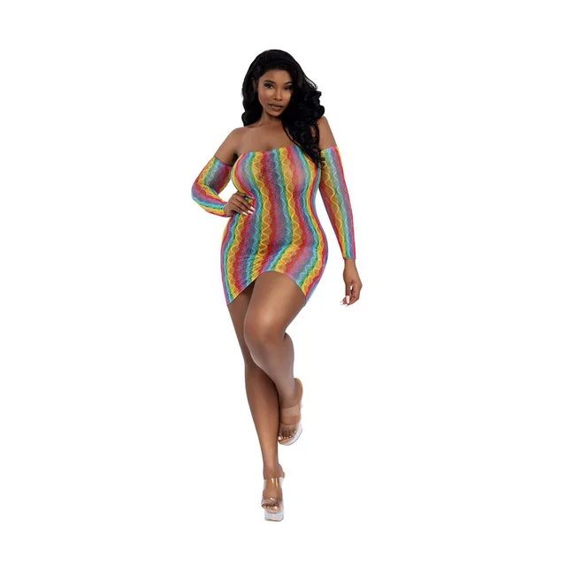Dreamgirl rainbow mini dress with arm warmers queen size front full-length model view