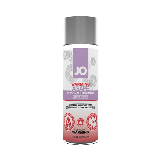 System JO Agape Warming 2 oz silver pump bottle front