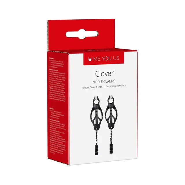 pair of black Me You Us Clover nipple clamps with cylindrical dangling weights on box