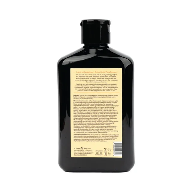 Back label of 8.4 oz grapefruit sandalwood bubble bath bottle