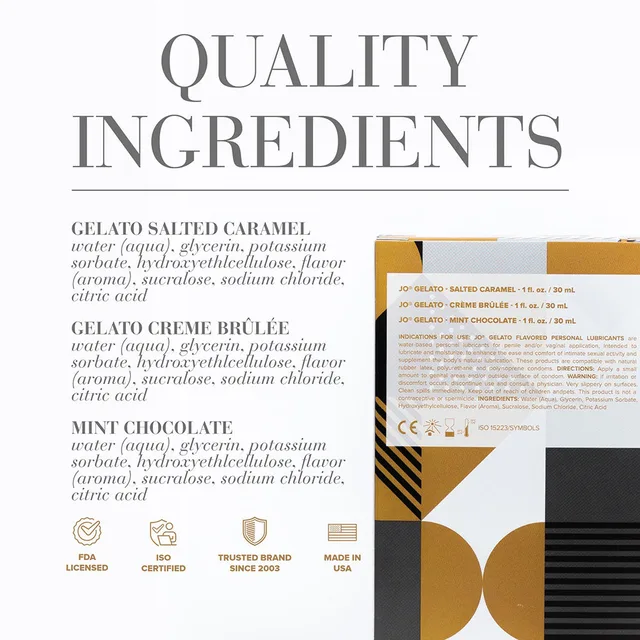 Tri Me Gelato ingredient panel for three varieties