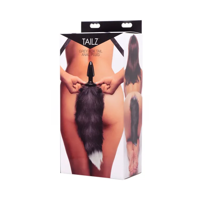 grey Tailz fox tail anal plug with white tail tip pictured on retail box