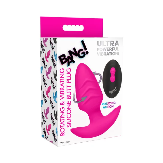 BANG hot-pink rotating silicone plug and remote pictured on retail carton