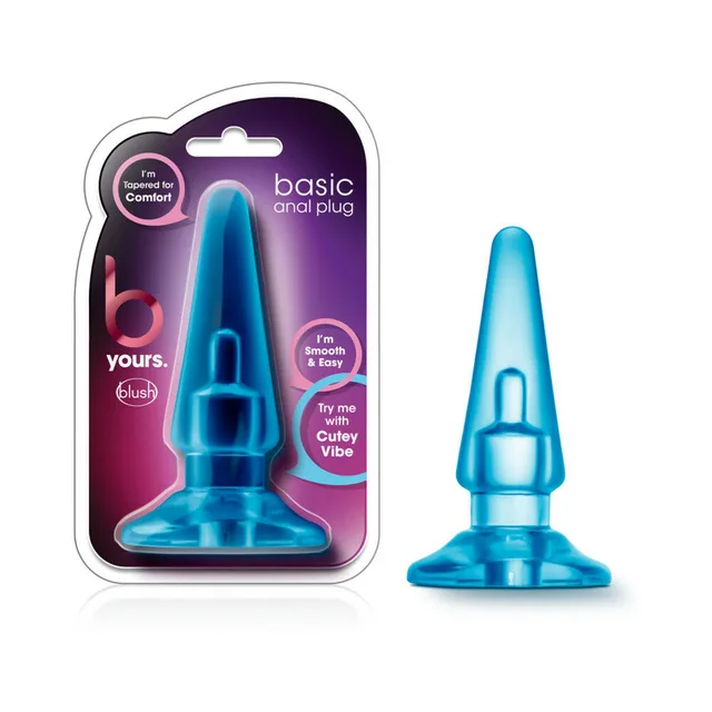 Blue B Yours Basic anal plug beside rounded retail package