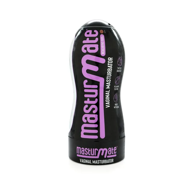 Front of black mocha-variant Masturmate vaginal container with purple lettering