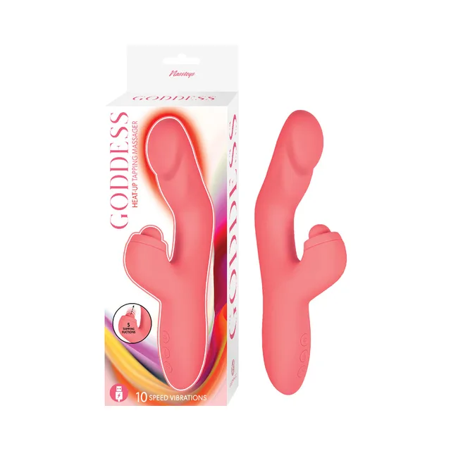 coral Goddess Heat-Up curved tapping massager beside white and coral box