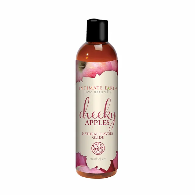 Intimate Earth Cheeky Apples 4-ounce liquid upright bottle with black cap and pink apple artwork label