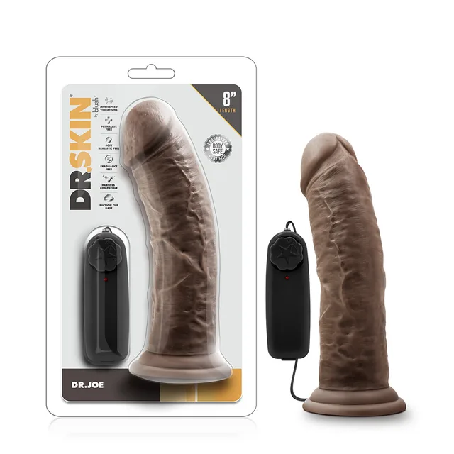 Blush Dr. Joe dark-brown vibrator beside clear Dr. Skin retail package