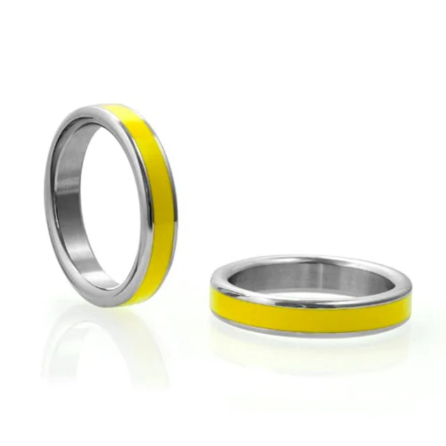 M2M Stainless Steel Ring with Yellow Band two polished ring angles showing bright yellow outer band